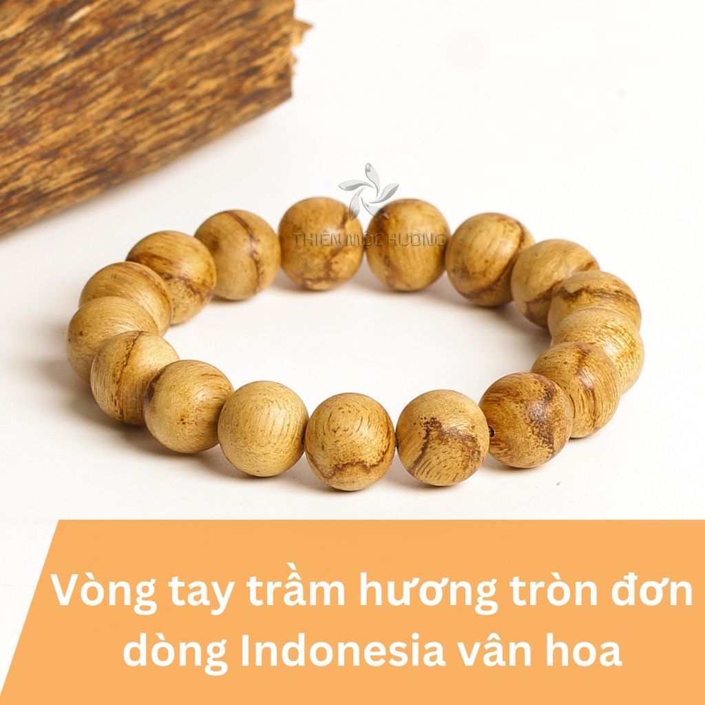 Vòng tay trầm hương tròn đơn Indonesia vân hoa Thiên Mộc Hương, trầm tốc tự nhiên, thu hút tài lộc