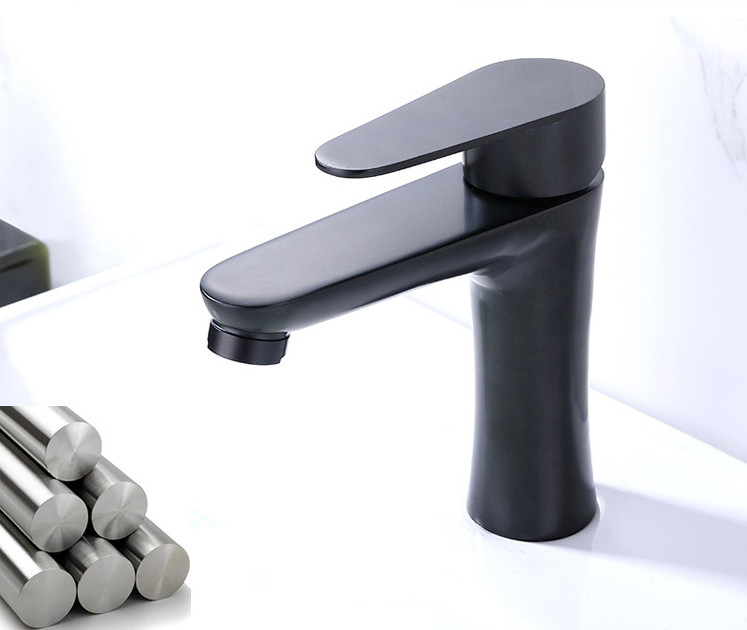 Vòi Lavabo 1 trụ tròn cần thẳng SUS304 - Mạ đen + 2 dây cấp