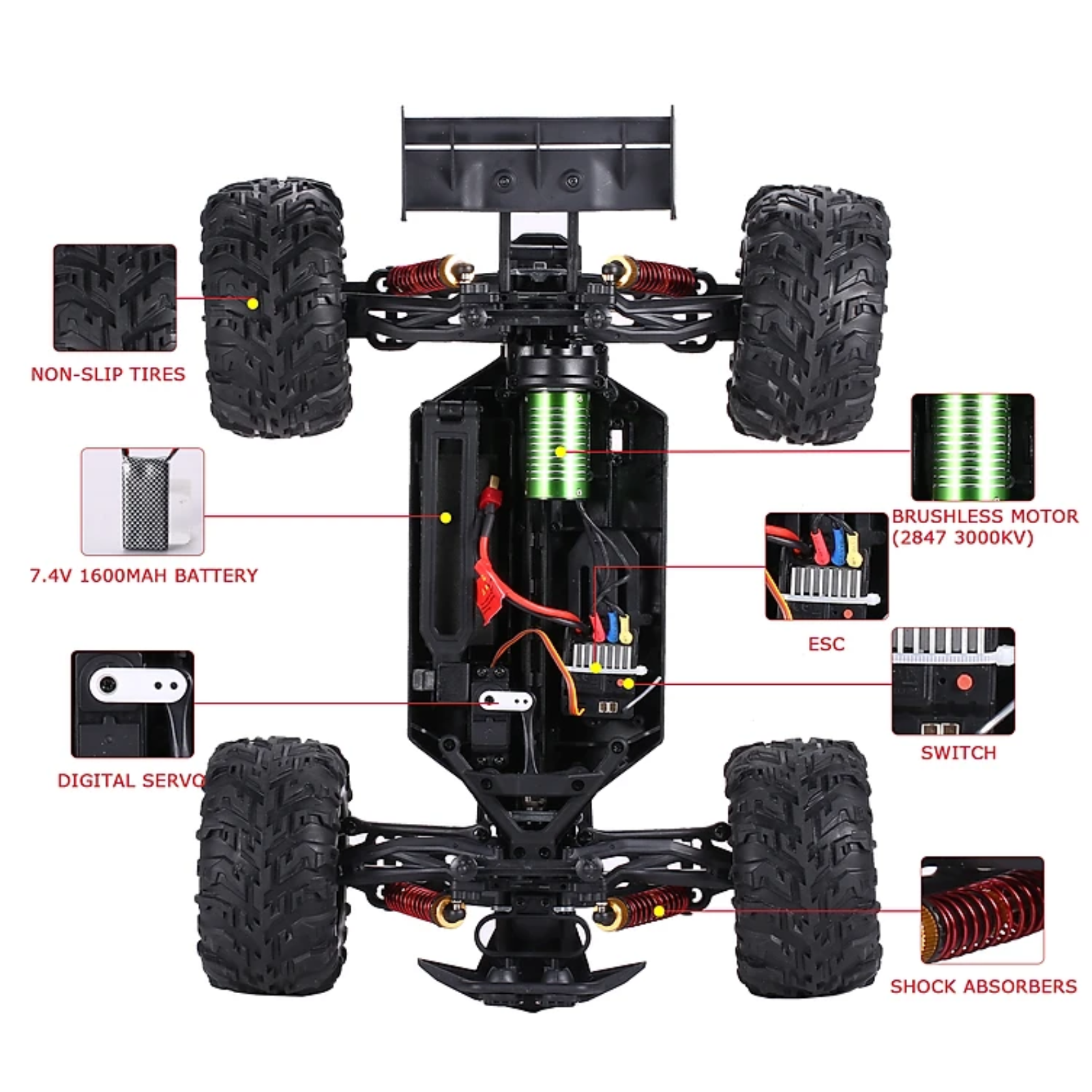 Xe đua địa hình tốc độ cao 60km/h  PVC QX-01 Pro 4WD, Xe địa hình điều khiển từ xa kích thước lớn tỉ lệ 1:10, Sử dụng động cơ không chổi than