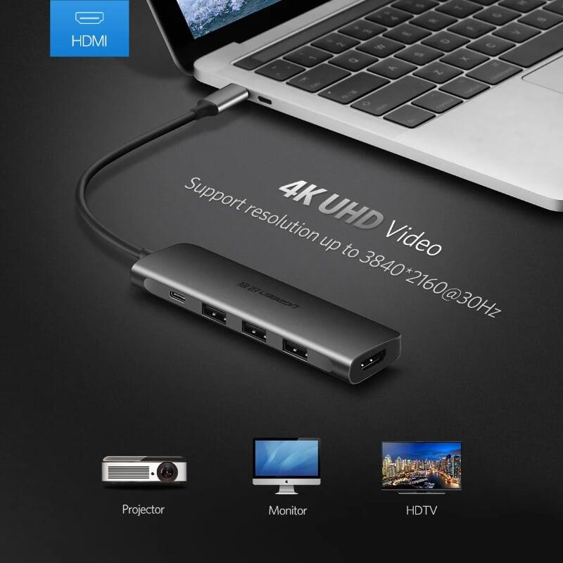 Ugreen UG50209CM136TK Bộ chuyển đổi TYPE C sang 3 USB 3.0 + HDMI + hỗ trợ nguồn TYPE C - HÀNG CHÍNH HÃNG