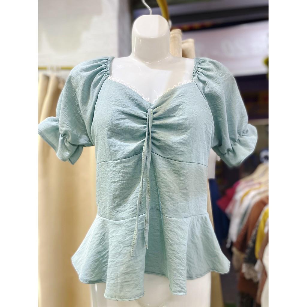 Áo Kiểu Body Chất Đũi Tay Ngắn- Thắt Nơ Bo Chun Lưng Siêu Xinh