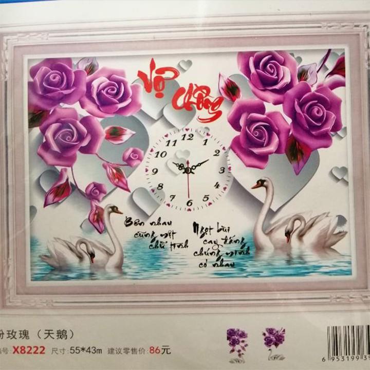 Tranh thêu vợ chồng thiên nga hoa hồng tím X8222 - kích thước: 55 * 43cm.