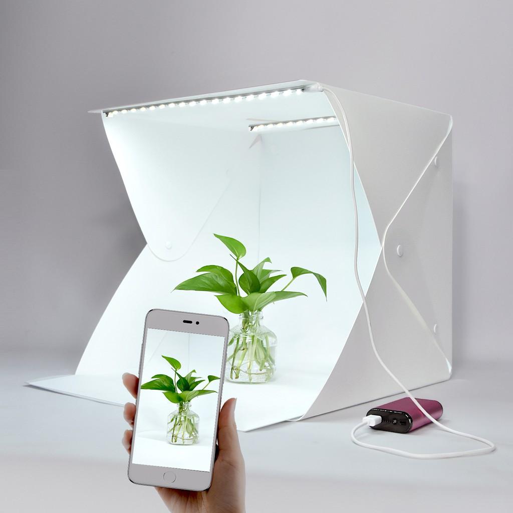 Hộp chụp hình sản phẩm Studio 40cm x 40cm gồm 2 dãy đèn led, phông nền 2 màu trắng đen