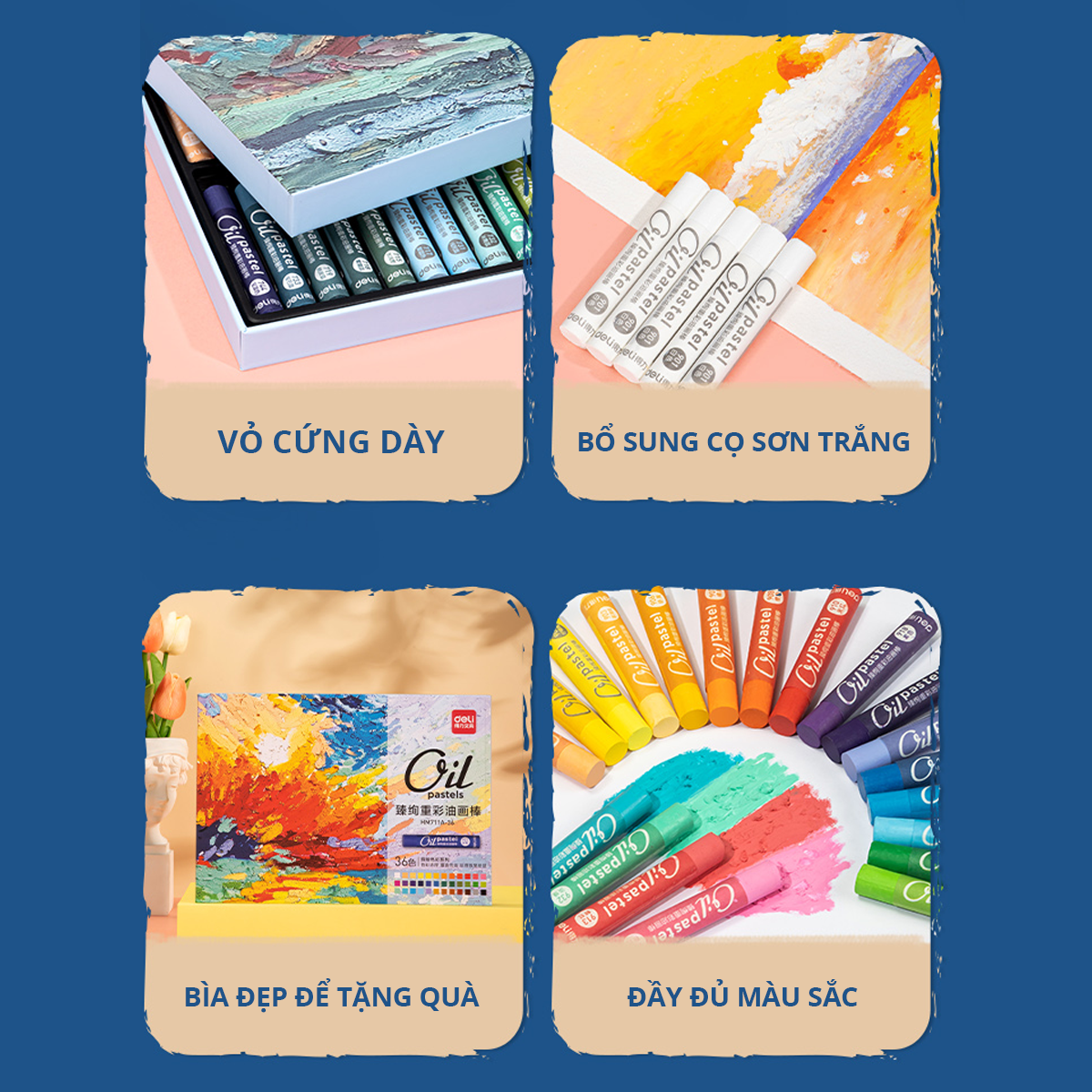 Bút Sáp Dầu Chuyên Nghiệp Soft Oil Pastels Đắp Tranh Nổi Vẽ Tranh Tô Màu Học Sinh Deli - Màu Hạng Hoạ Sĩ - Đính Kèm Nhiều Màu Trắng Nhiều Bảng Màu Đa Dạng Pastel