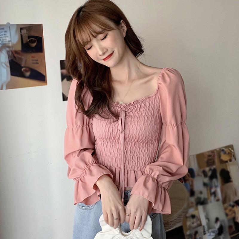 Áo Kiểu Tay Dài Cổ Vuông Thiết Kế Màu Trơn Thanh Lịch
