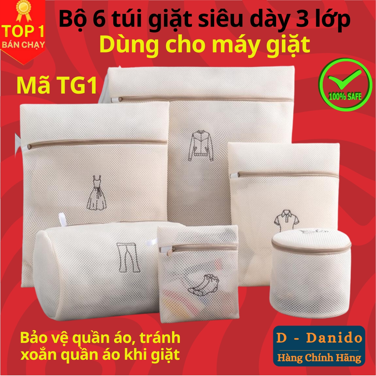 SET 6 túi giặt siêu dày 3 lớp cao cấp - Combo 6 túi lưới bảo vệ quần áo dùng cho máy giặt 3 lớp siêu bền tiện dụng chính hãng D Danido