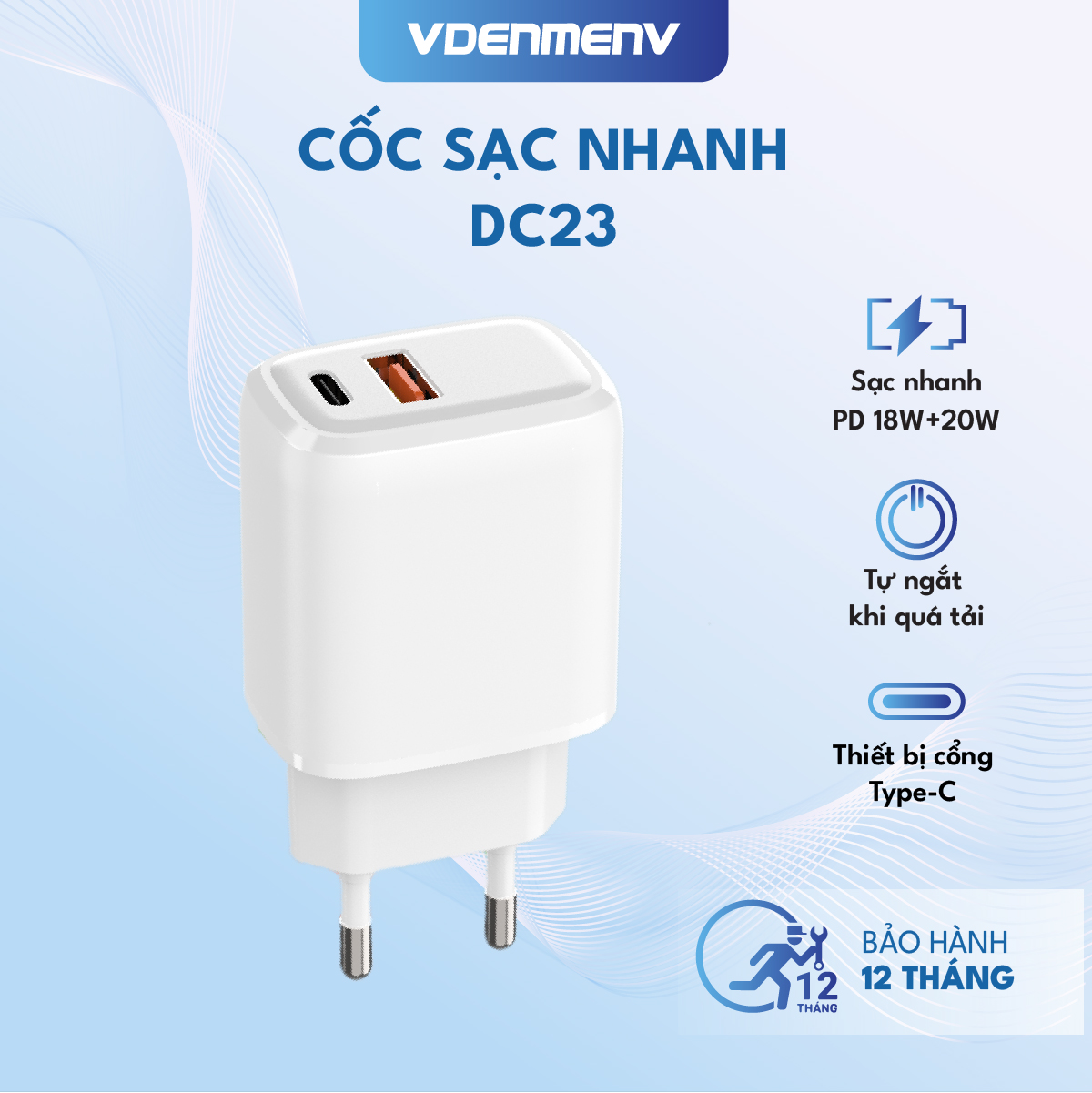 Cốc Sạc Nhanh PD 18W + 20W VDENMENV DC23 (3A) Vỏ Nhựa ABS Chống Cháy Nổ, Tự Ngắt Khi Quá Tải, 2 Đầu USB và Type-C - Hàng Chính Hãng