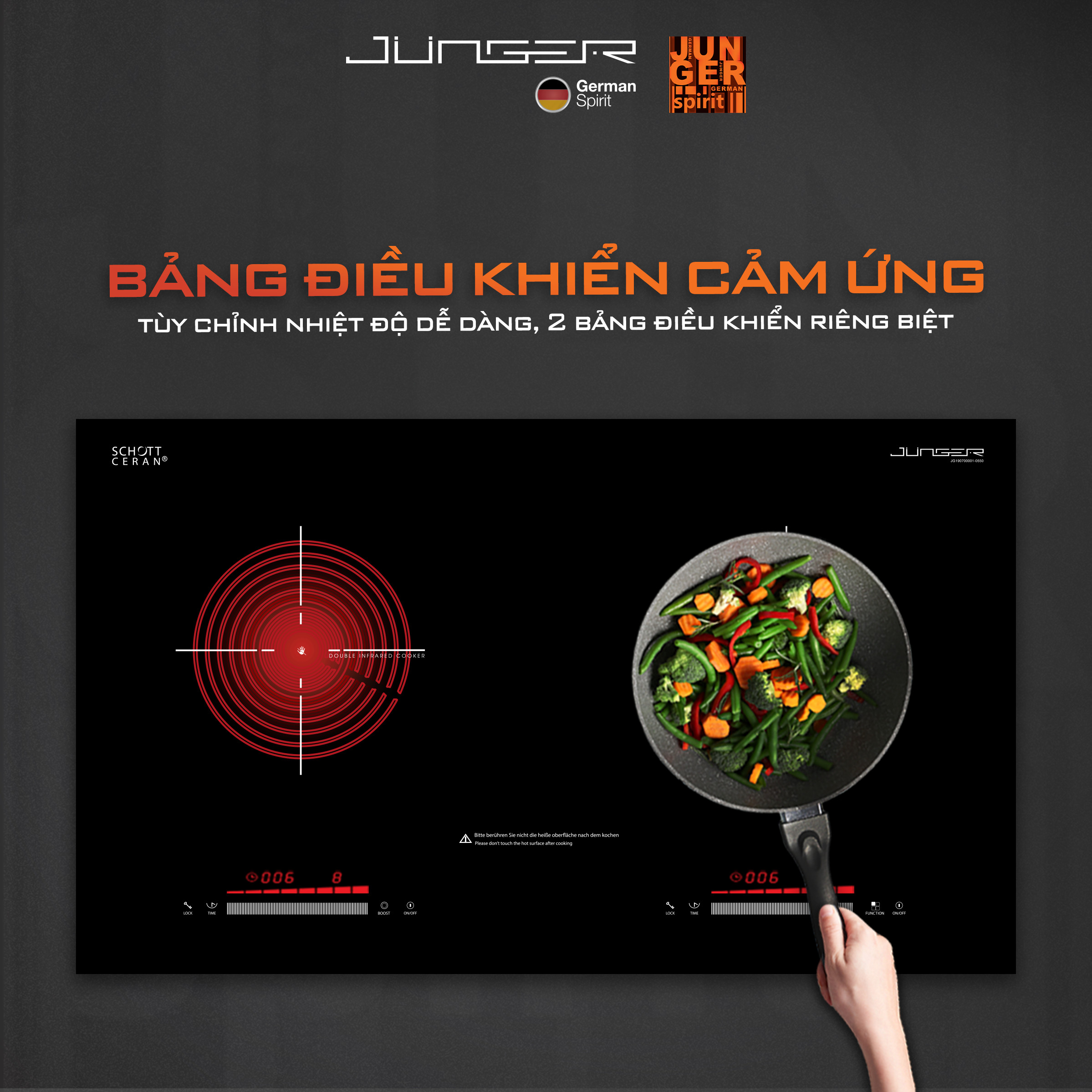 Bếp đôi điện từ hồng ngoại Junger SIS-68 4200W Không kén nồi Hàng Chính Hãng Bảo Hành 36 Tháng