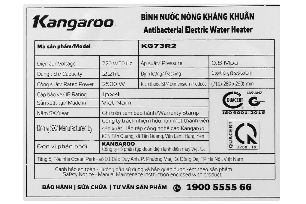 Máy nước nóng gián tiếp Kangaroo 22 lít 2500W KG 73R2 - Hàng chính hãng - Giao hàng toàn quốc