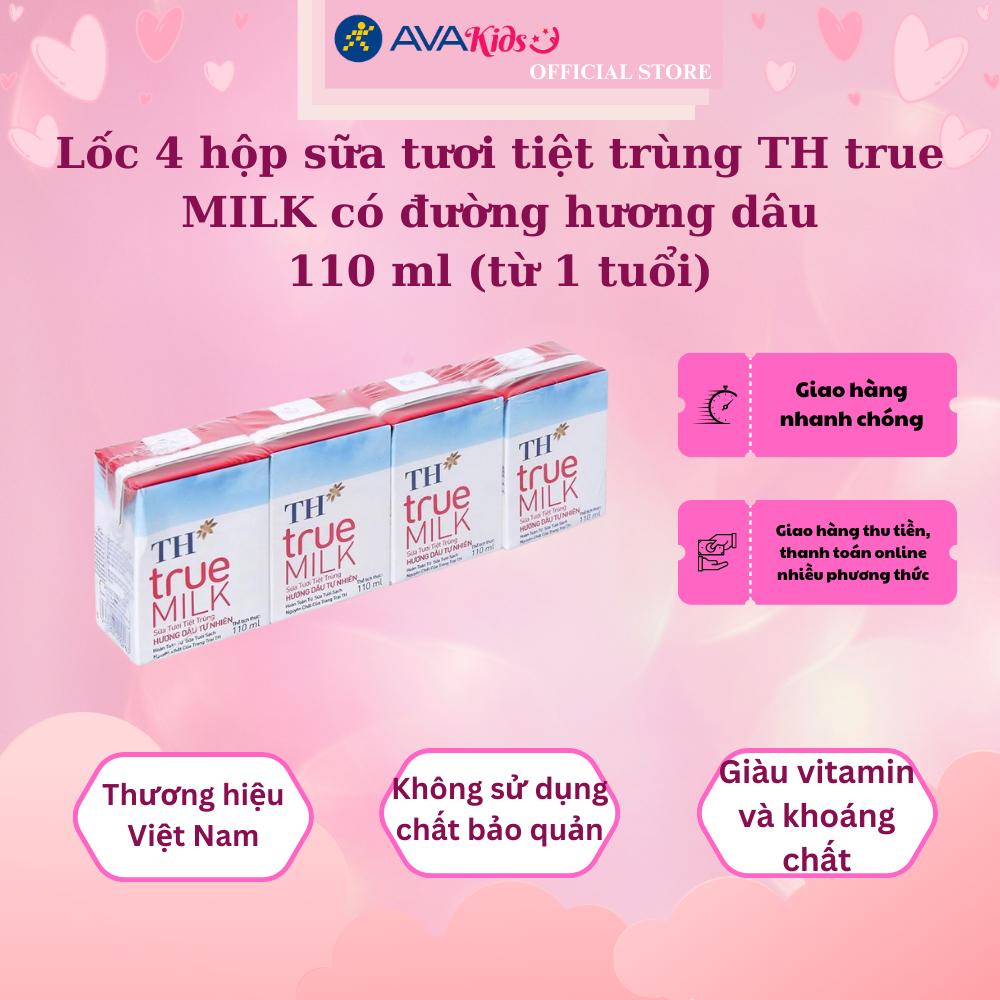 Lốc 4 hộp sữa tươi tiệt trùng TH true MILK có đường hương dâu 110 ml (từ 1 tuổi)