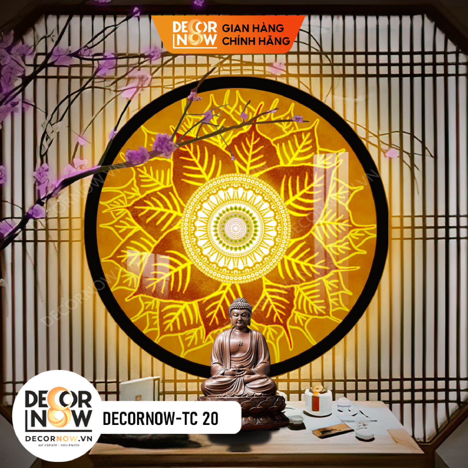 Đèn Hào Quang Phật In Tranh Trúc Chỉ DECORNOW 30,40 cm, Trang Trí Ban Thờ, Hào Quang Trúc Chỉ MANDALA DCN-TC20