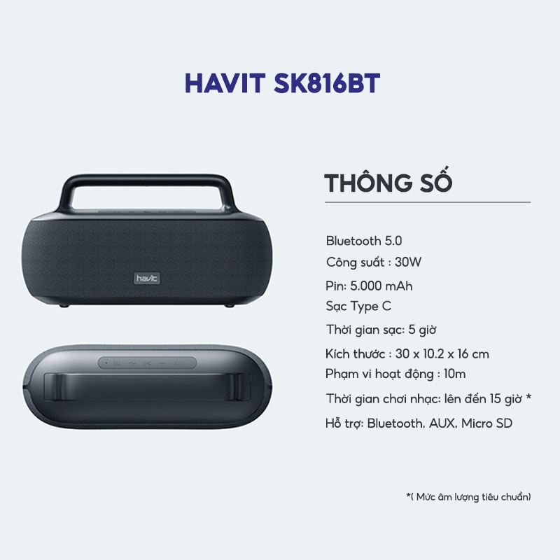 Loa Bluetooth HAVIT SK816BT Du Lịch Công Suất 30W, BT 5.0, Kháng IPX6, Thời Gian Chơi Nhạc Lến Đến 15h - Hàng Chính Hãng