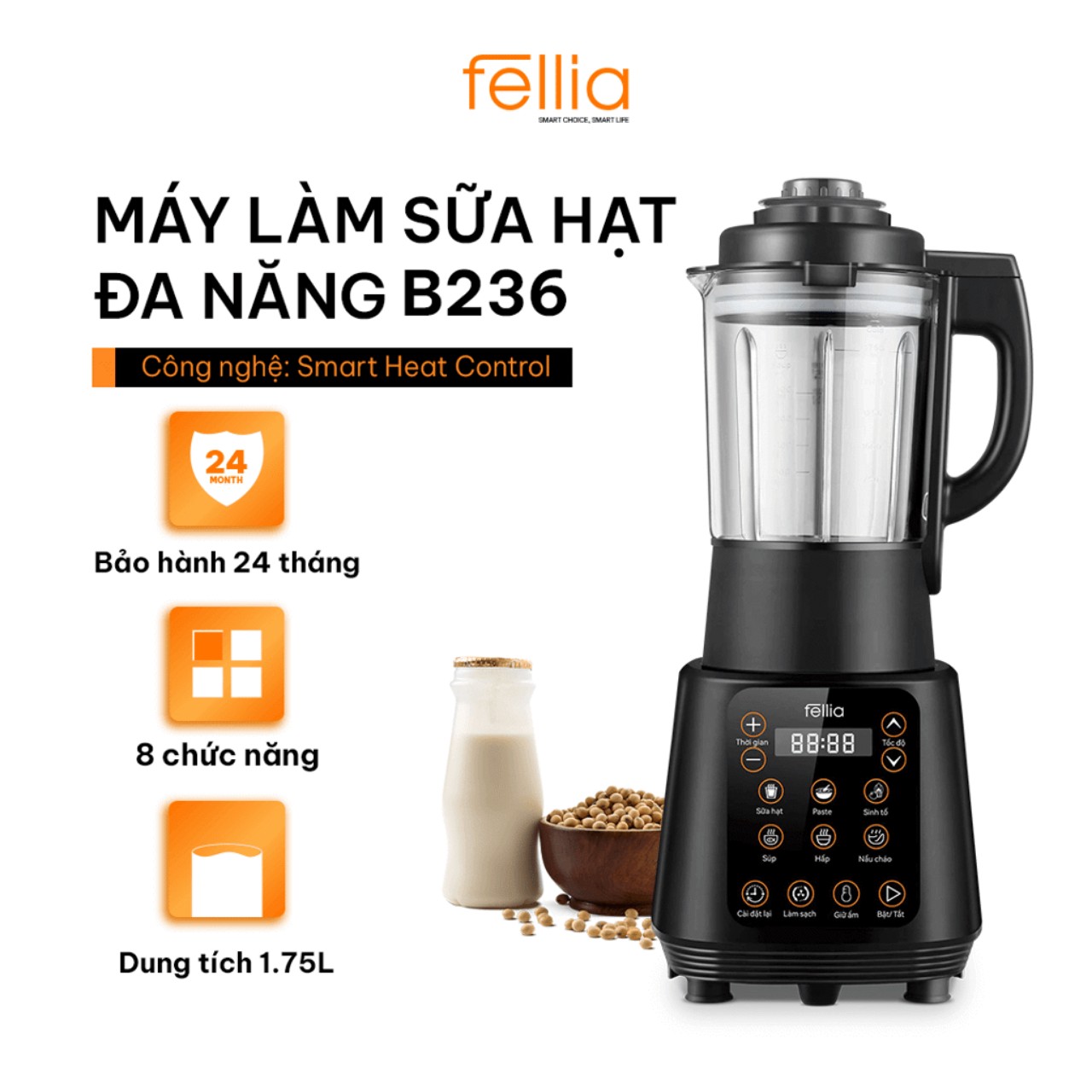 COMBO Máy làm sữa hạt đa năng Fellia B236 - máy vắt cam fellia C219- Bảo hành 24 tháng-Hàng Chính Hãng