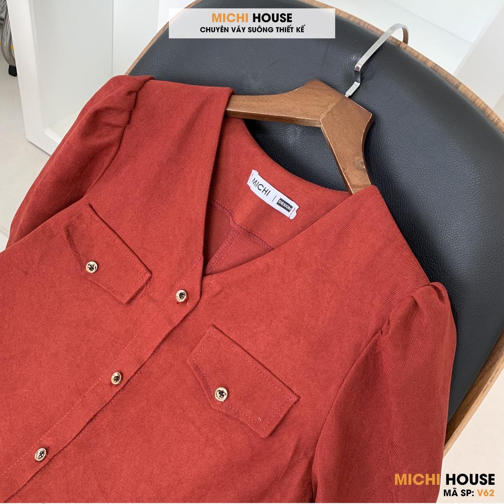Đầm Suông Nhung Dài Tay MICHI House V62 Váy Xuông Thiết Kế Cổ V Cài Cúc Dễ Mặc