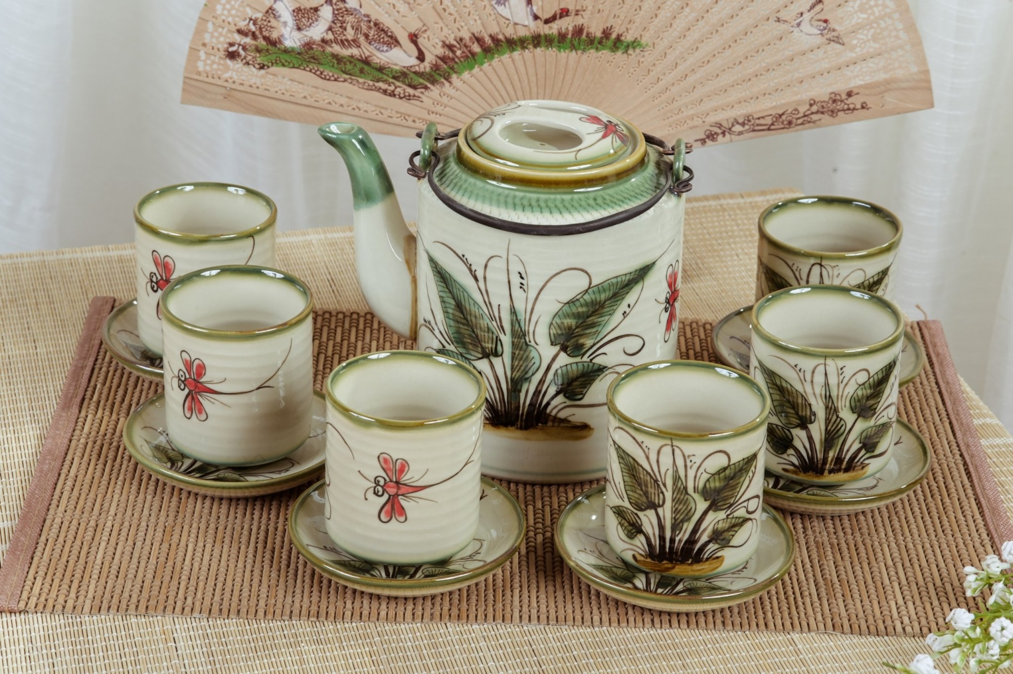 Bộ ấm tích vẽ chuồn khoai gốm sứ Gia Hưng Bát Tràng
