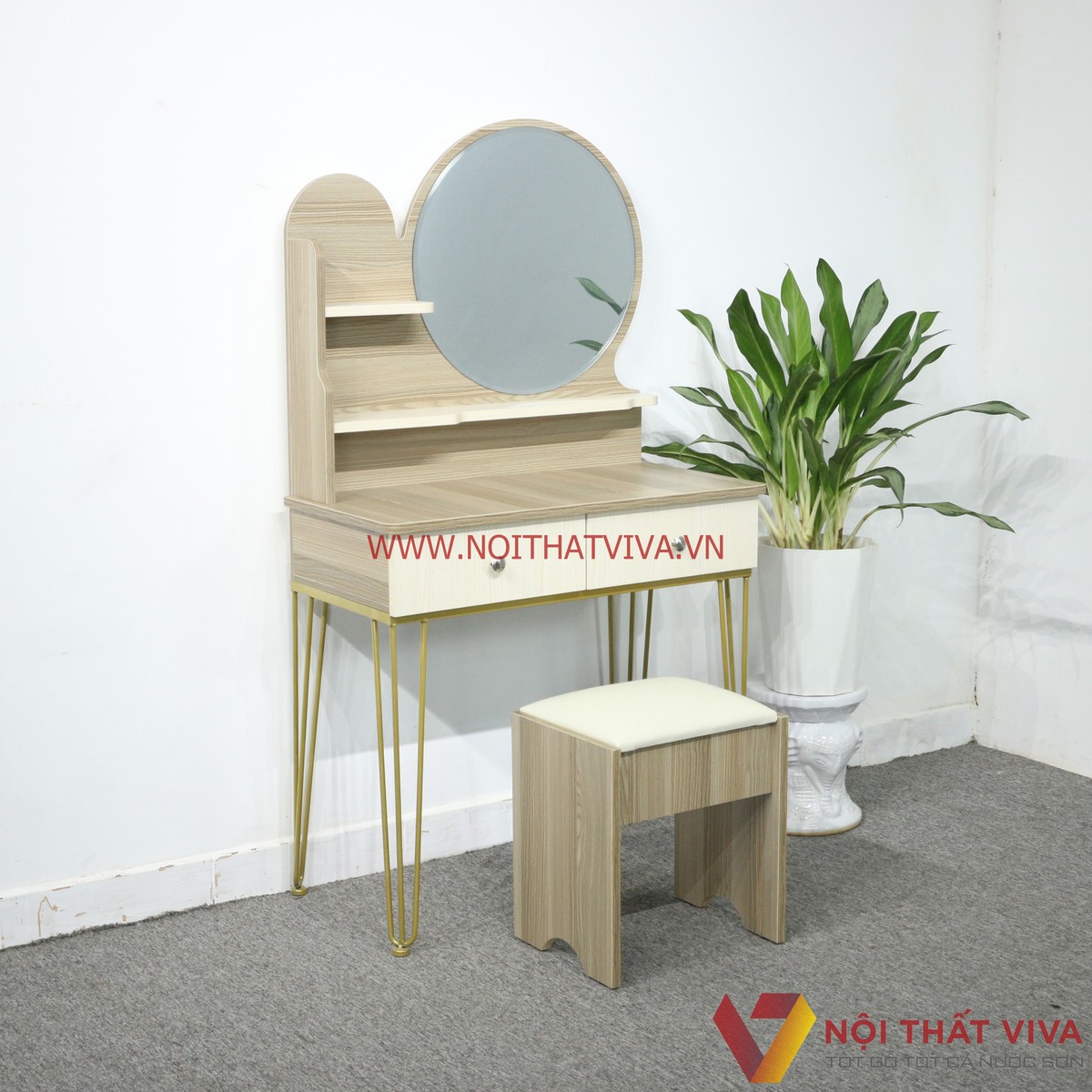 Bàn Trang Điểm Gỗ MDF Melamine Màu Kem Sọc Chân Sắt 2 Ngăn Kéo Gương Tròn