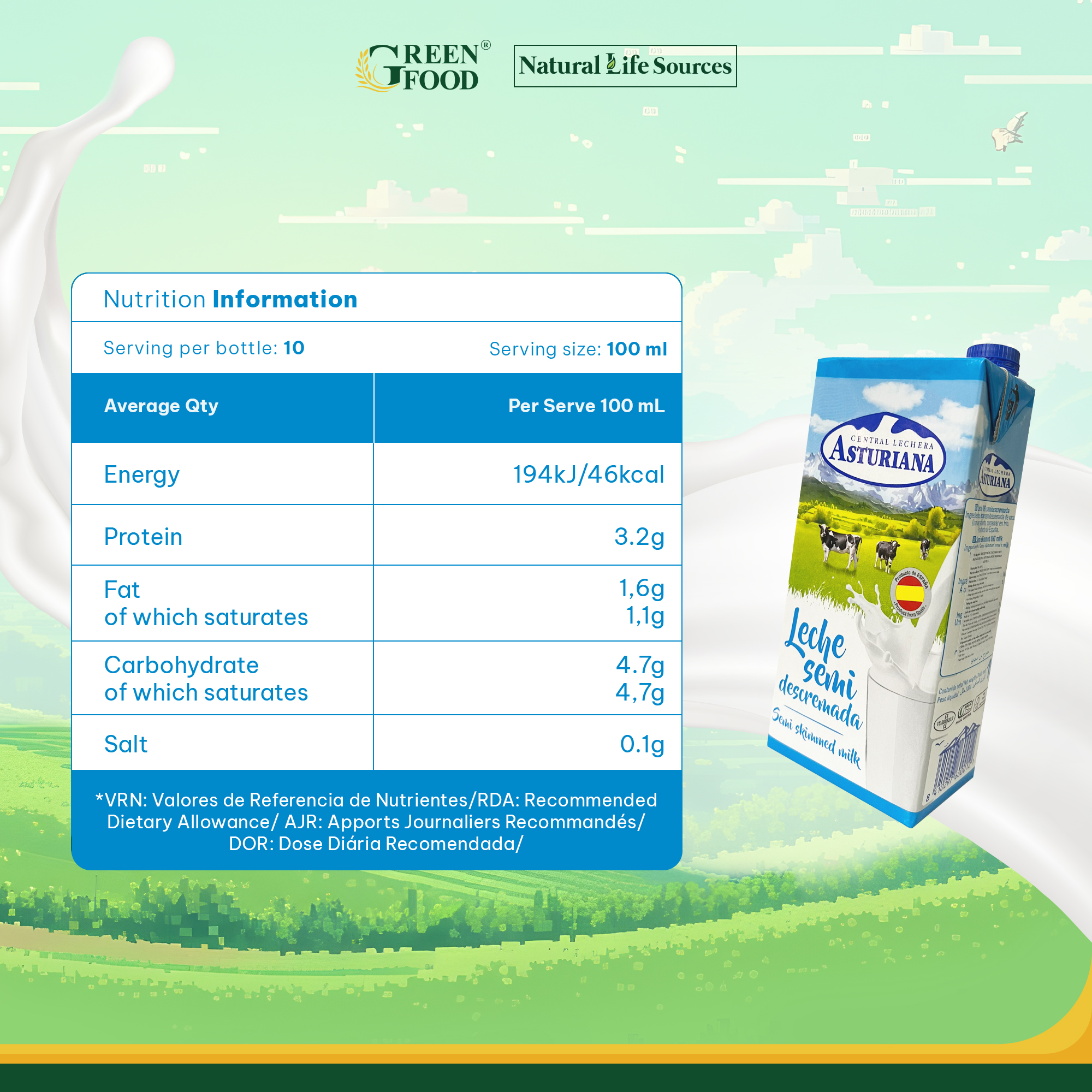 Sữa Tươi Tiệt Trùng ASTURIANA tách béo 1 phần 1L - Béo ít 1,5%, Không Đường Phù hợp Ăn Kiêng, Nhập khẩu từ Tây Ban Nha
