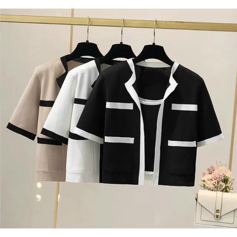 Set áo len khoác ngoài tay cộc, Áo kiểu len mịn ngắn tay SE1580 - NhiNhi Shop