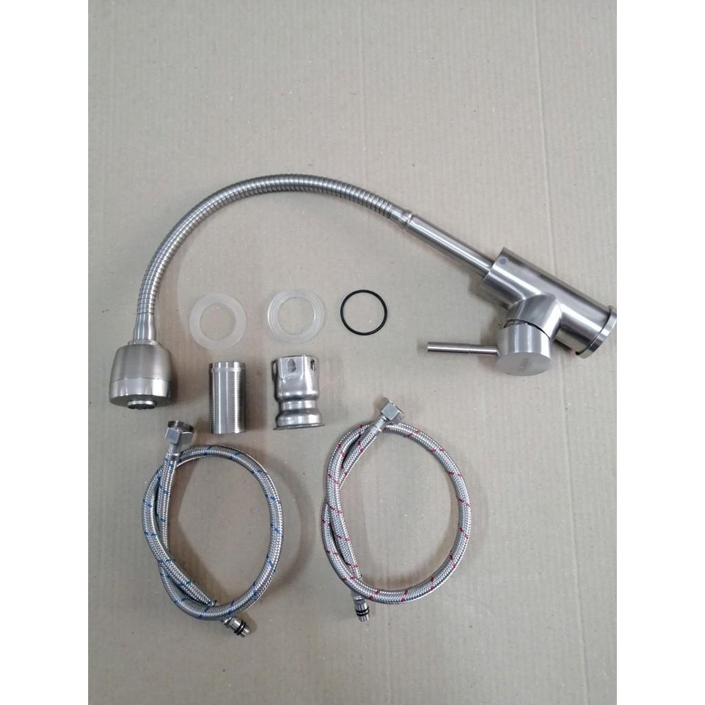 Vòi rửa chén bát nóng lạnh cắm chậu OS611 Inox 304 cần lò xo đầu xả tăng áp 2 chế độ- tặng 02 dây cấp nóng lạnh inox