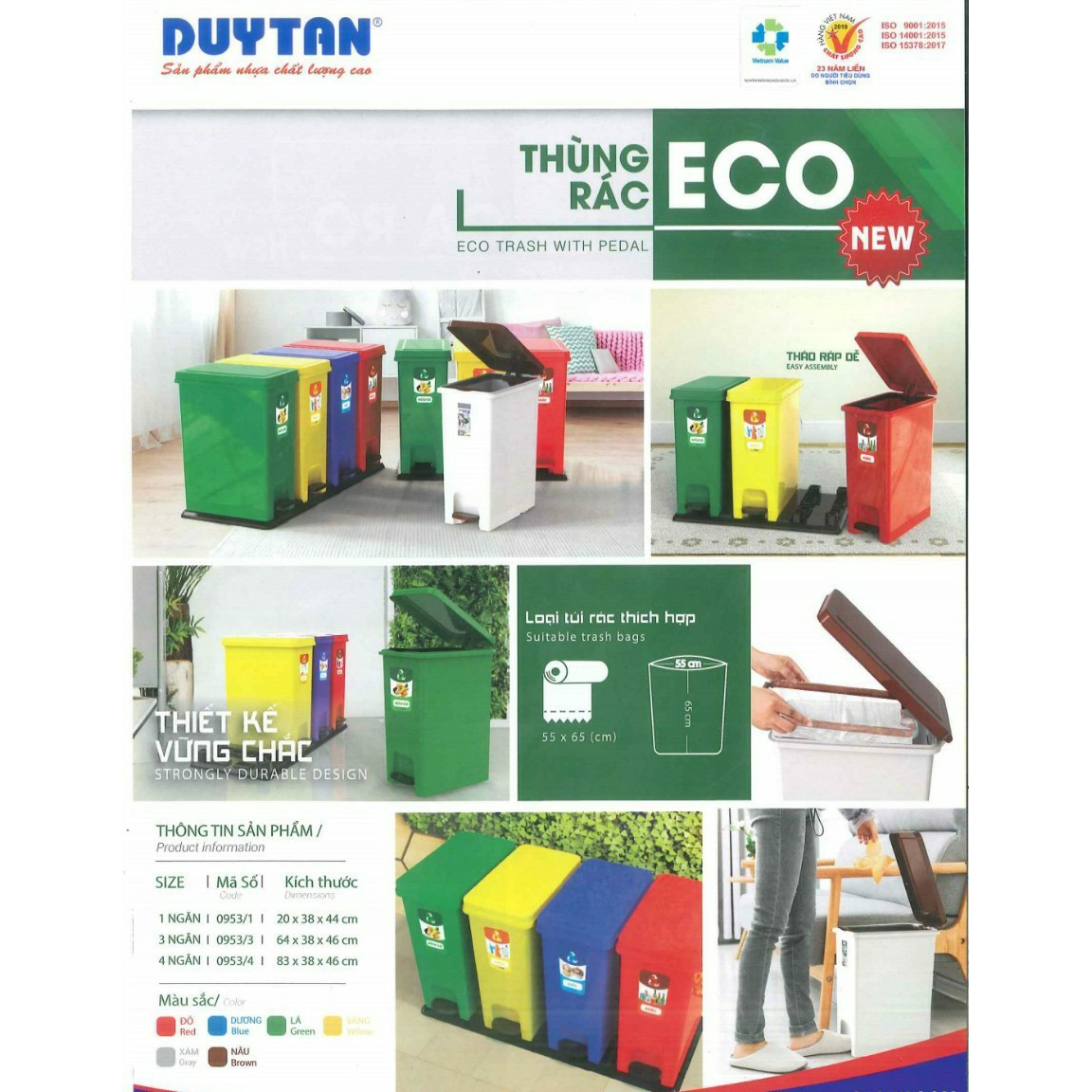 Thùng rác ECO Bộ 4 Duy Tân No.0953/4 - 4 ngăn phân loại rác hữu cơ, nhựa, giấy, khác