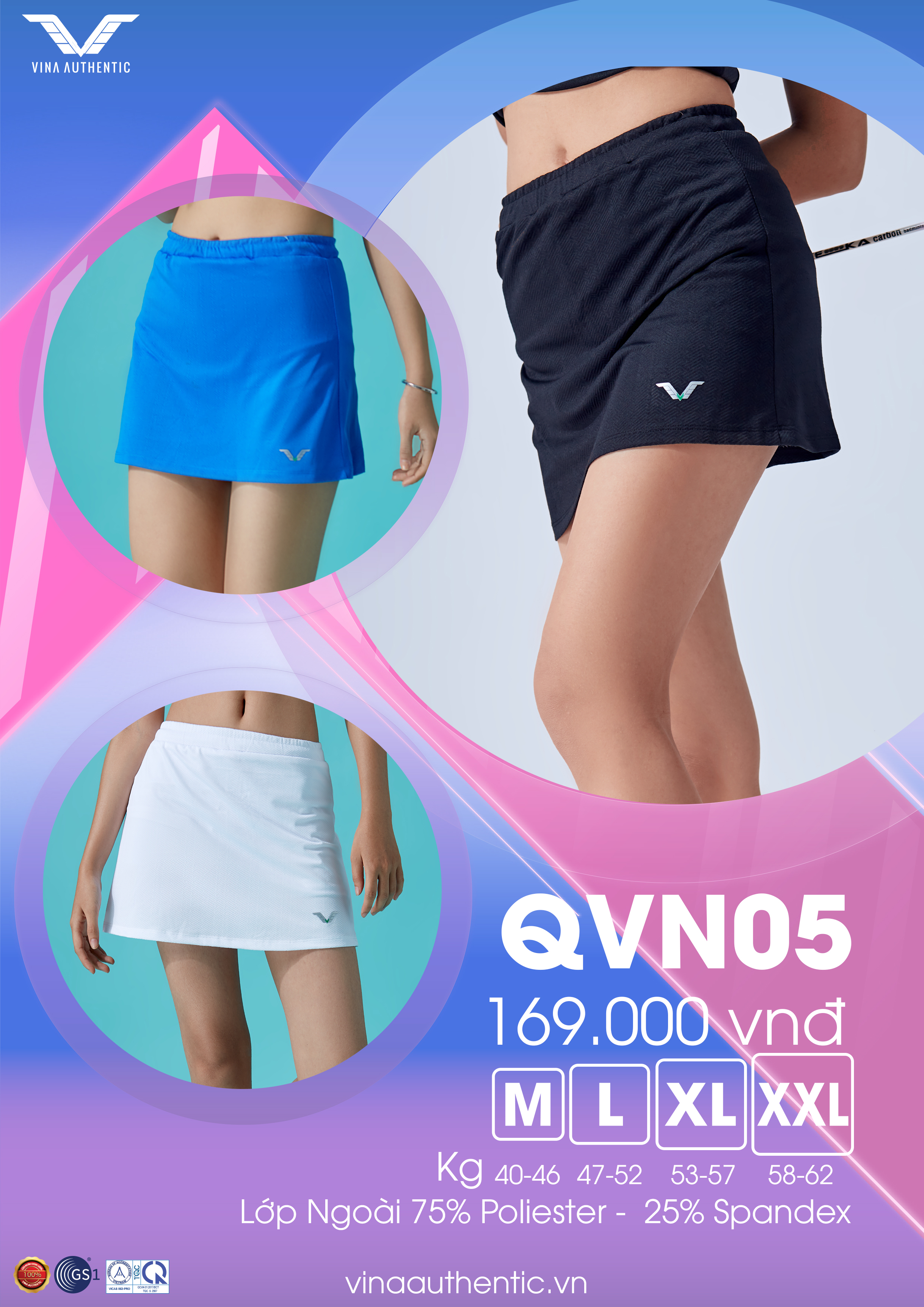 Váy thể thao nữ Vina Authentic cao cấp, chất lượng, chân váy, quần váy