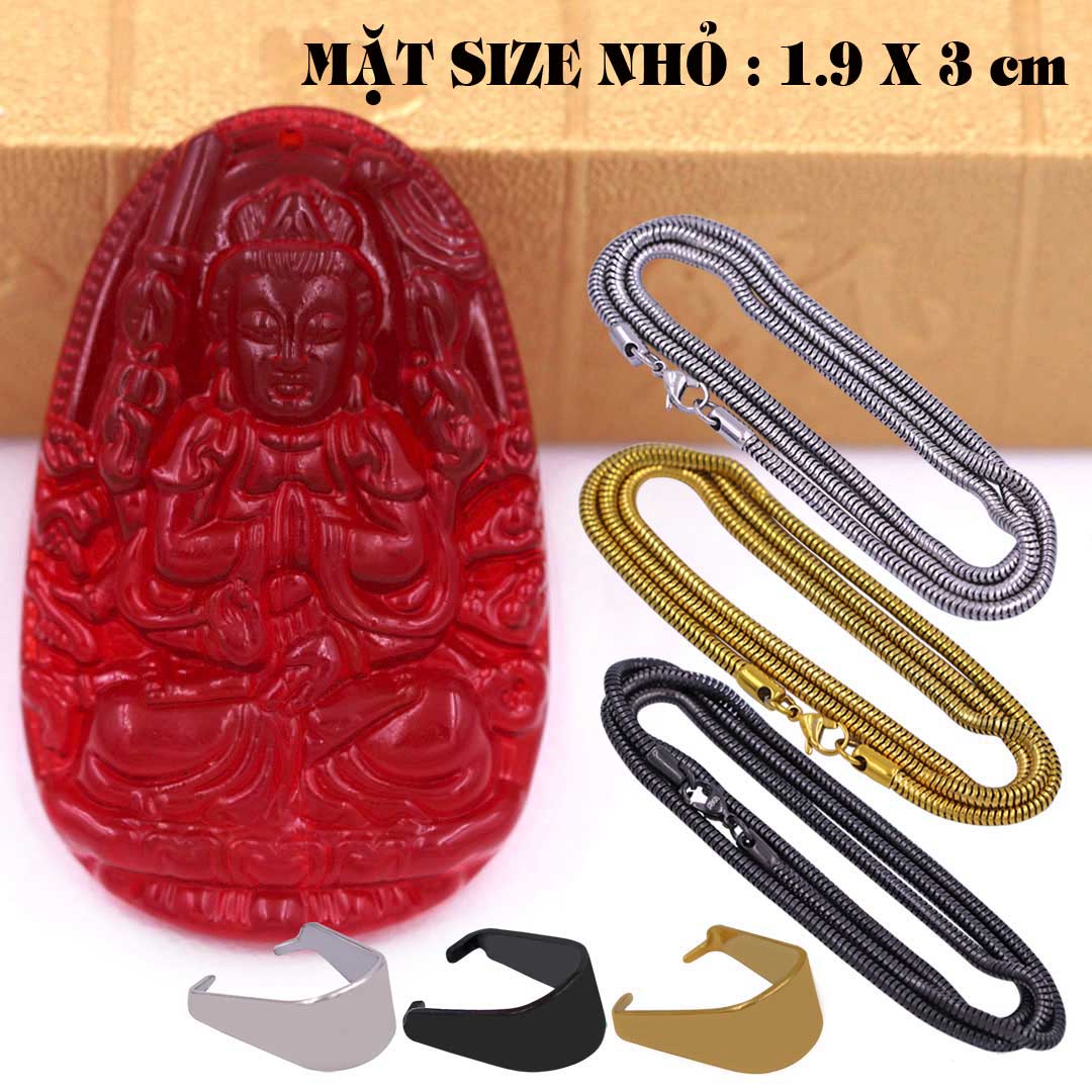 Mặt Phật Quan âm nghìn tay nghìn mắt pha lê đỏ 1.9cm x 3cm  kèm vòng cổ dây chuyền inox rắn vàng + móc inox vàng, Mặt Phật Quan âm