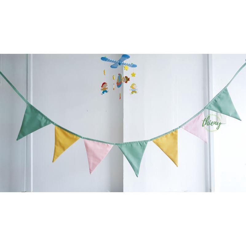 Dây cờ tam giác vải màu xanh vàng hồng, xịn may đẹp, dài 2,2m, trang trí Decor Sinh nhật