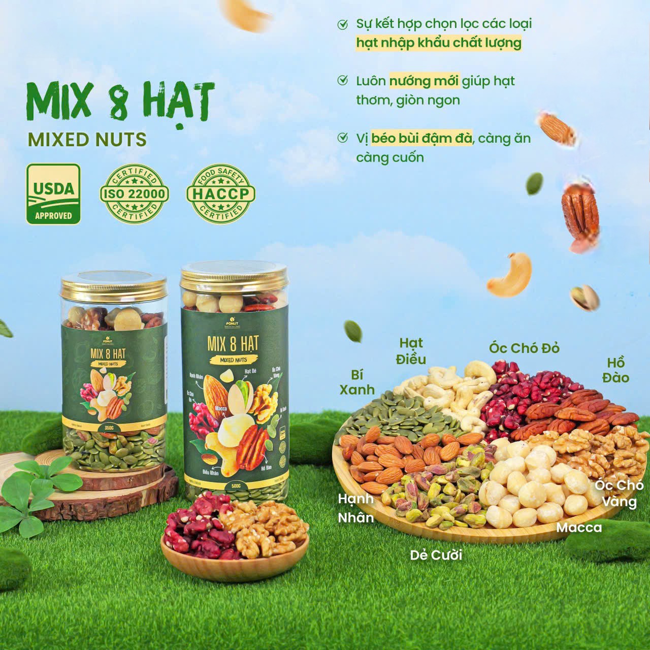 Hạt mix 8 loại hạt dinh dưỡng Hạt macca, óc chó vàng, óc chó đỏ, hồ đào, hạnh nhân, hạt dẻ cười, hạt điều, bí xanh - hộp 500gr