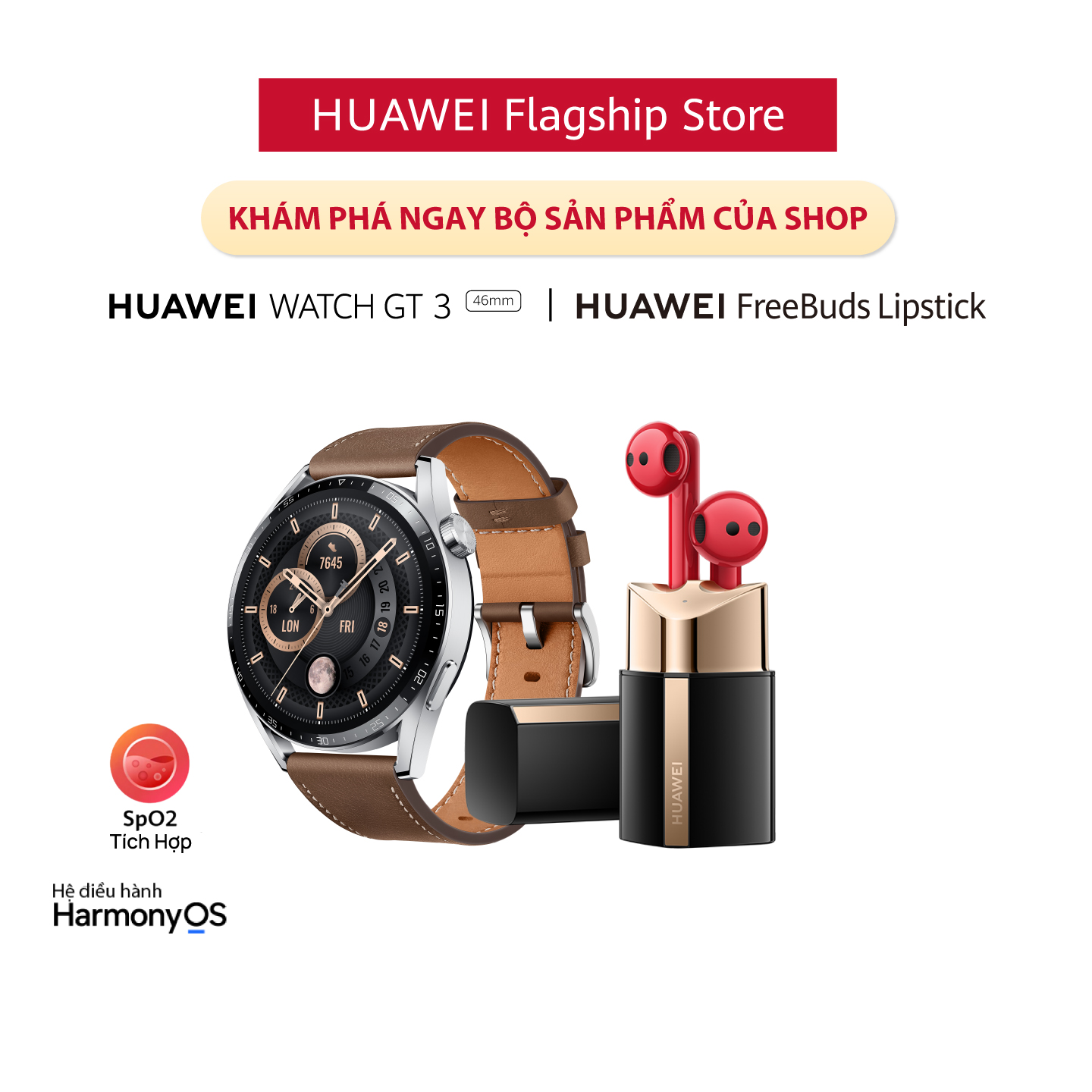 Bộ Sản Phẩm Huawei (Đồng Hồ Thông Minh HUAWEI WATCH GT 3 46mm + Tai Nghe Không Dây HUAWEI FreeBuds Lipstick) | Hàng Chính Hãng