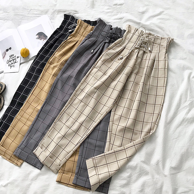 Hàng Quảng Châu - Quần baggy caro ullzang eo đan dây siêu xinh - QV11170