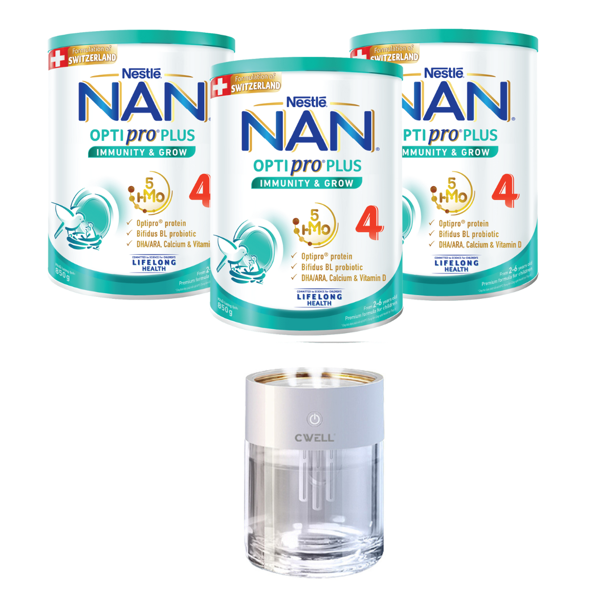 Bộ 3 Lon sữa bột Nestlé NAN OPTIPRO PLUS 4 850g/lon với 5HMO Giúp tiêu hóa tốt + Tăng cường đề kháng Tặng Máy phun sương đèn led (2 - 6 tuổi)