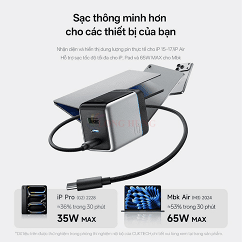 Cốc cạc Cuktech 6 Ultra GaN Built-in USB-C Cable 1USB 2Type-C 100W AD653U - Hàng chính hãng