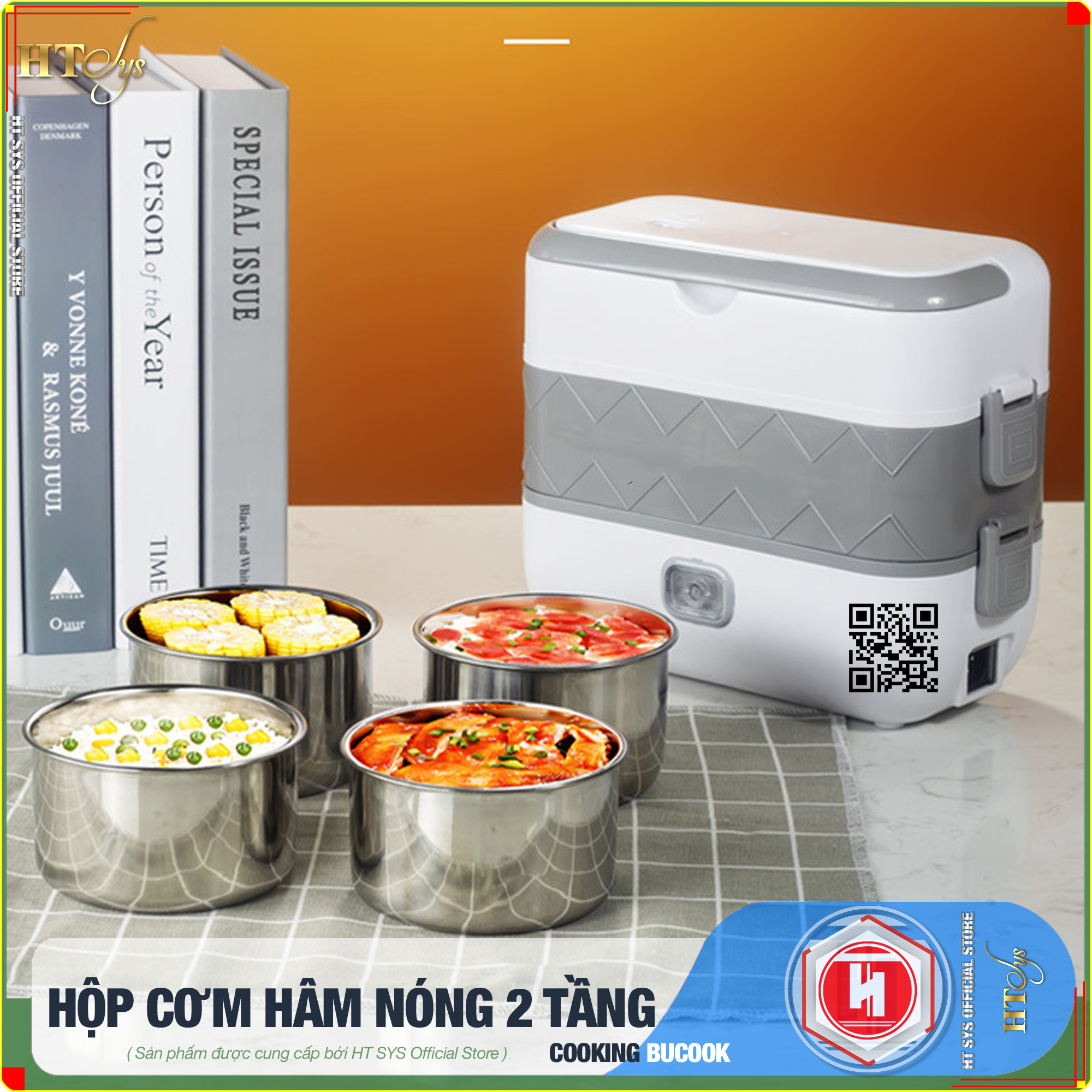 Hộp cơm hâm nóng cắm điện HT SYS - BUCOOK DFH C02 - 2 Lít 2 Tầng 4 Ngăn Có Thể Nấu Và Hâm Nóng Thức Ăn, Ruột Bằng Inox 304