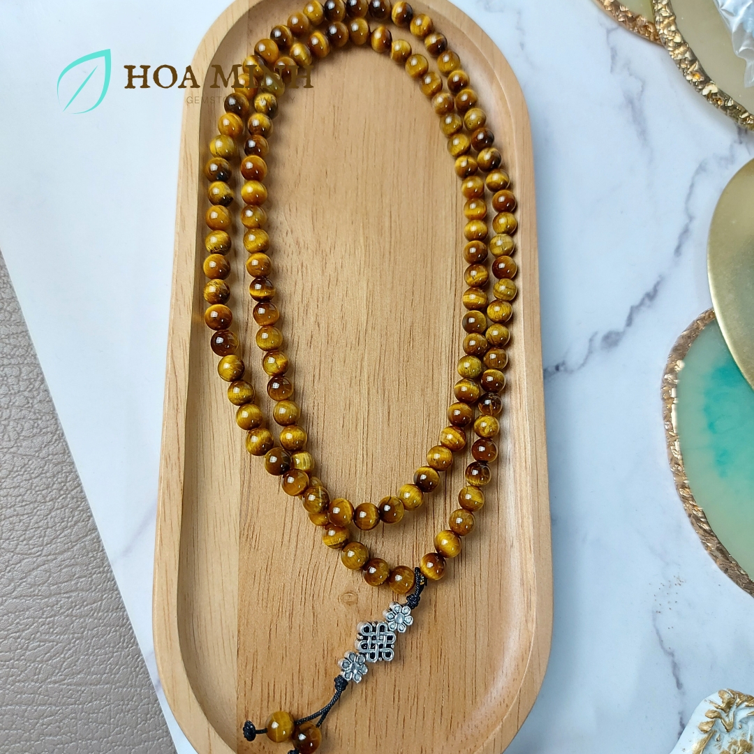 Vòng tay đá Mắt Hổ vàng nâu VIP 5A tự nhiên chuỗi 108 hạt size 6 li phối charm cát tường hoa mai bình an, lộc phát
