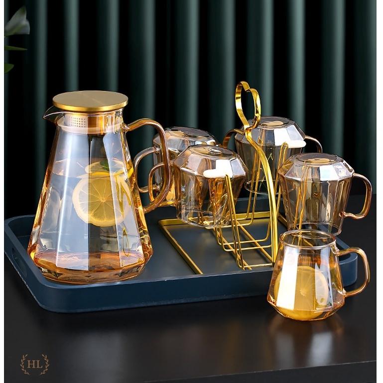 Bình cốc thuỷ tinh phong cách NORDIC THÁP HỔ PHÁCH | SET BÌNH LY THỦY TINH CHỊU NHIỆT BOROSILICATE VÀNG (Mix Lẻ)