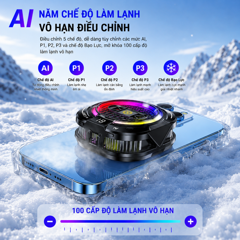 Tản nhiệt sò lạnh Led TH19 Ai Gaming siêu mát có hiển thị nhiệt độ cho điện thoại