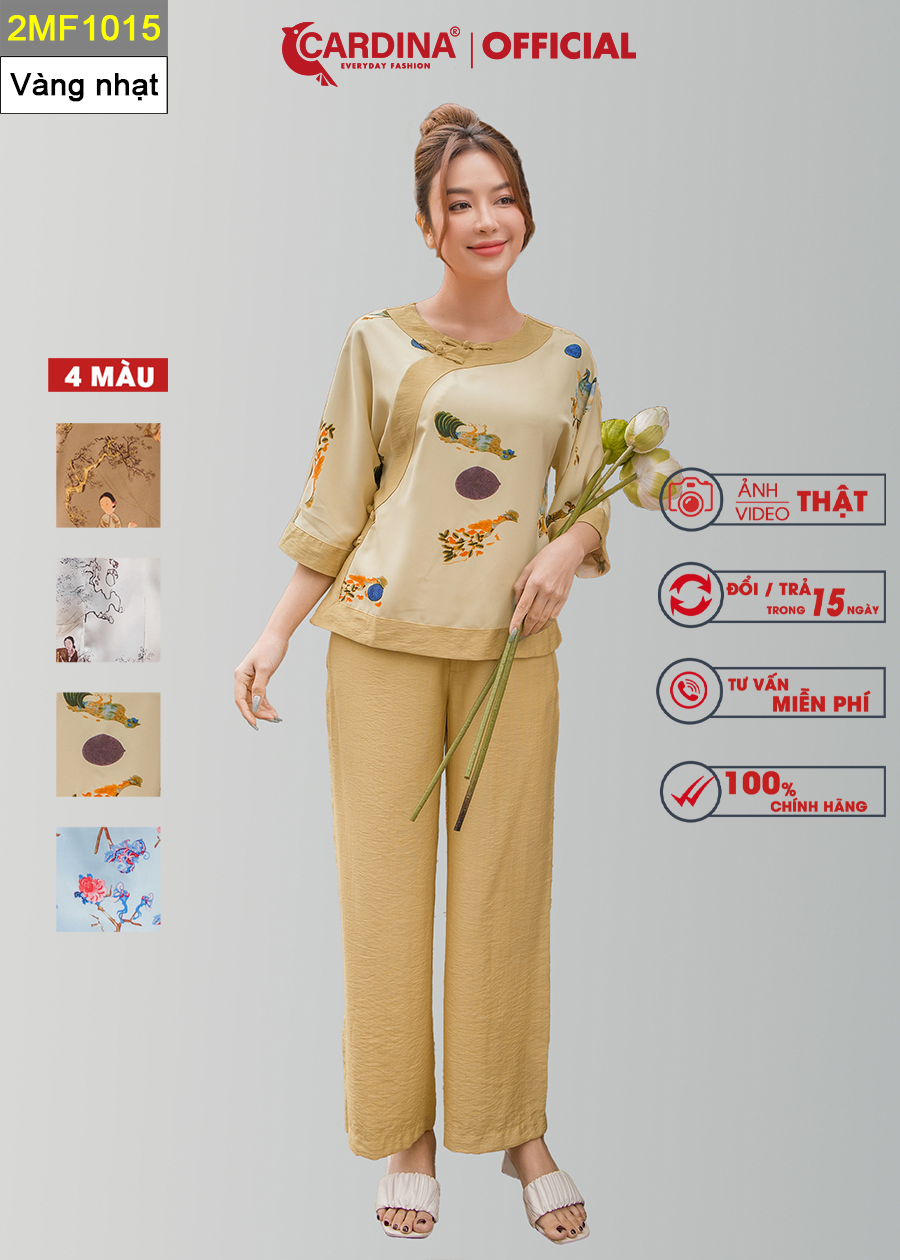 Đồ Bộ Nữ CARDINA Cao Cấp Bộ Đi Chùa Áo Lụa Mango Họa Tiết Cổ Tấc Cách Tân Tay Lỡ Quần Dài Chất Đũi Bamboo 2MF10
