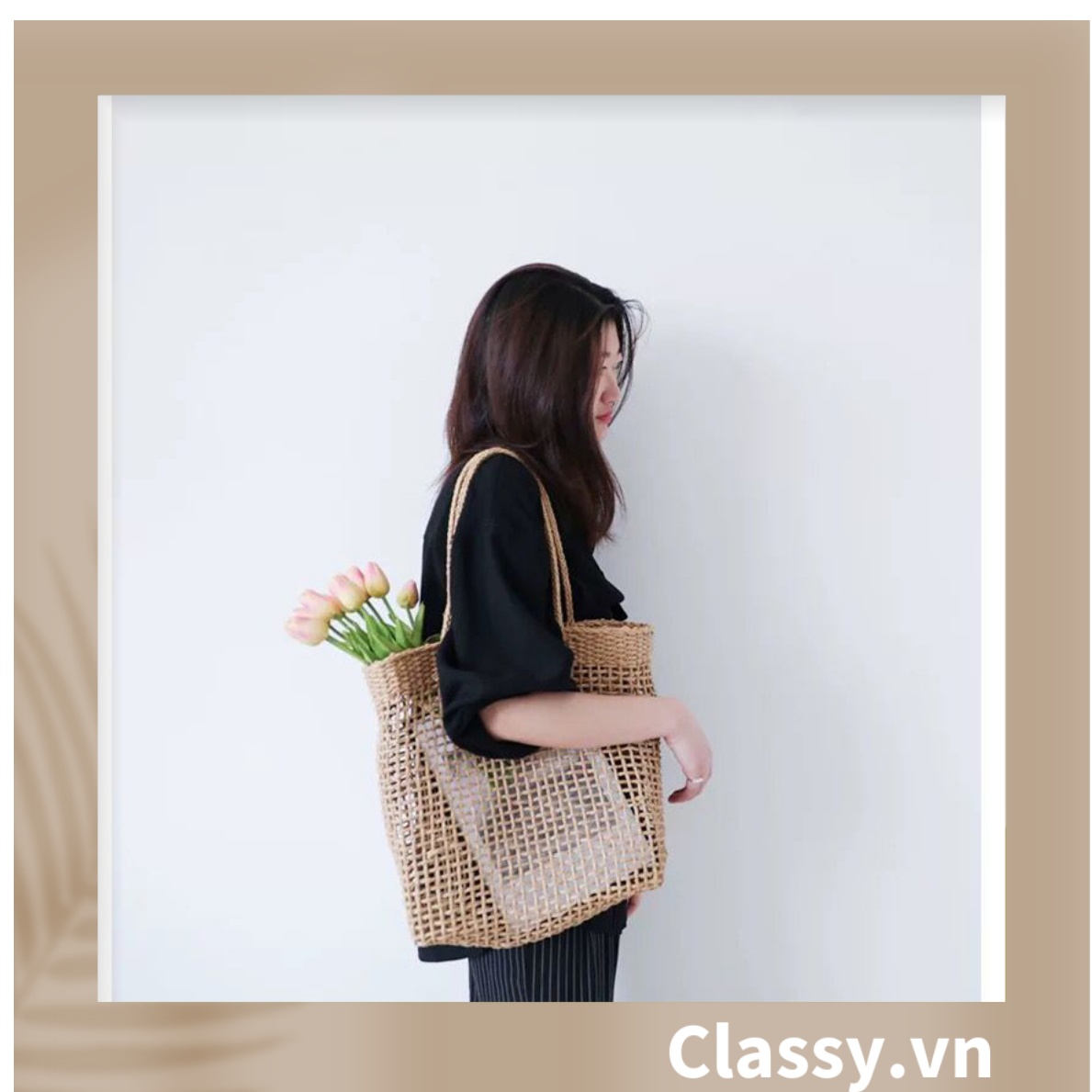 Túi cói Classy hình thang thời trang, thích hợp đi biển, đi dạo, đi chơi T1073