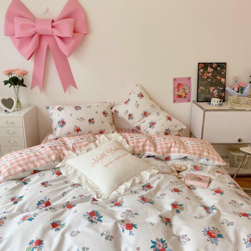 Bộ Chăn Ga Gối Cotton living Cotton 100% Hàng Nhập Khẩu Cao Cấp 4 Món Hoa Nhí Vintage