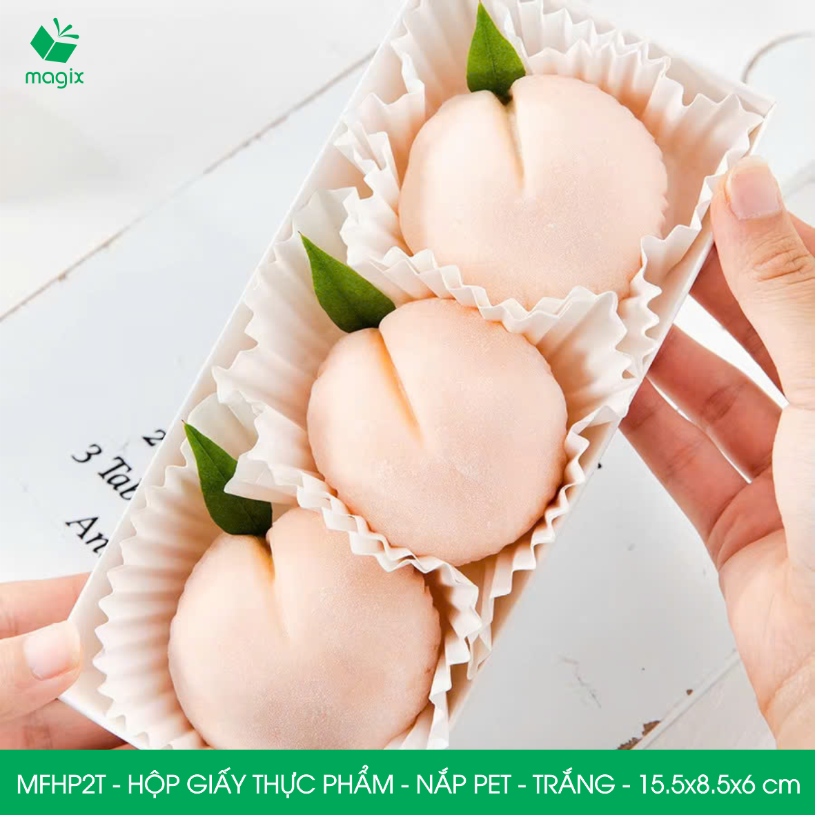 MFHP2T - 15.5x8.5x6 cm - 50 hộp giấy thực phẩm màu trắng nắp Pet, hộp giấy chữ nhật đựng thức ăn, hộp bánh nắp trong