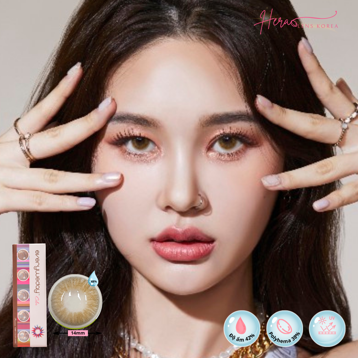 Kính Áp Tròng Hera Nâu Mật Ong Không Độ HONEY BROWN Nhập Khẩu Hàn Quốc Lens Không Cận 1 Ngày