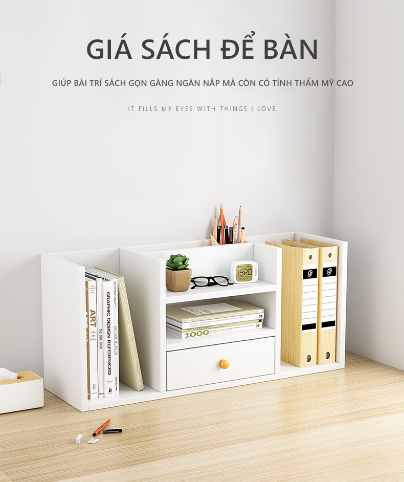 Kệ sách gỗ để bàn đa năng có hộc để đồ - GP258