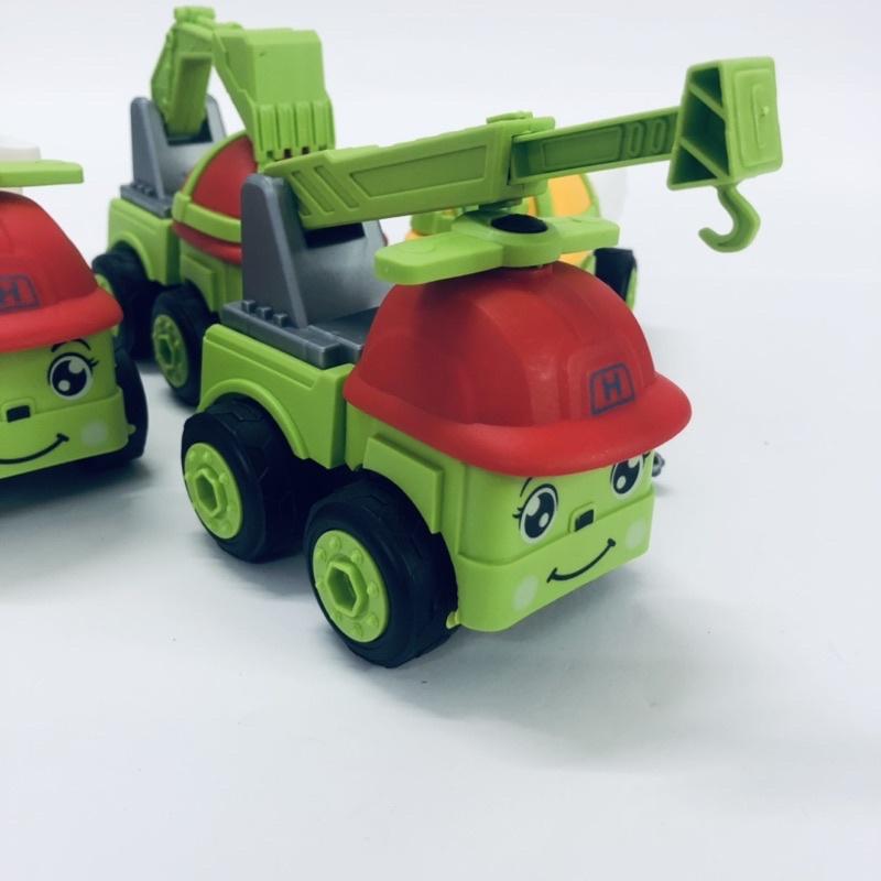 Ô tô đồ chơi lăp ráp công trình mặt cười dễ thương cho bé, combo 4 xe và tua vít lắp ráp