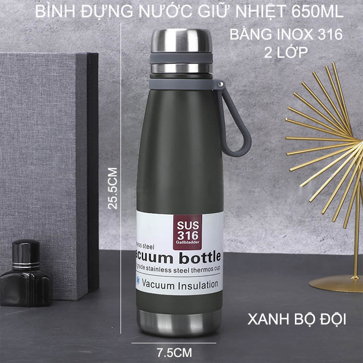 Bình đựng nước giữ nhiệt bằng inox 316 với 2 lớp giữ nhiệt 8-12 tiếng, dung tích 650ml