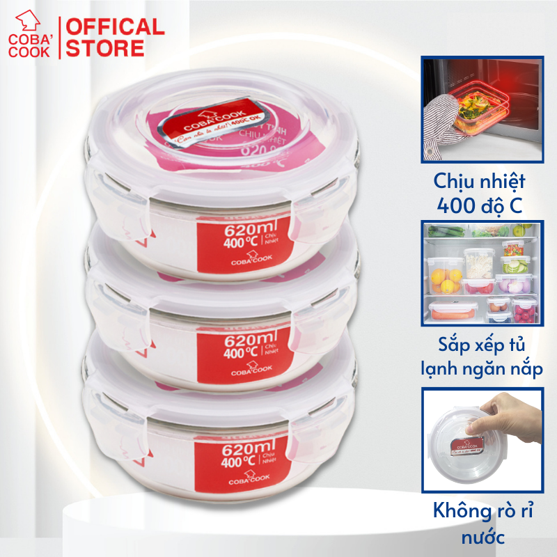 Hình ảnh Bộ 3 hộp thủy tinh trữ thức ăn thực phẩm đựng cơm chịu nhiệt COBACOOK hộp tròn dung tích 620ml- CCR63