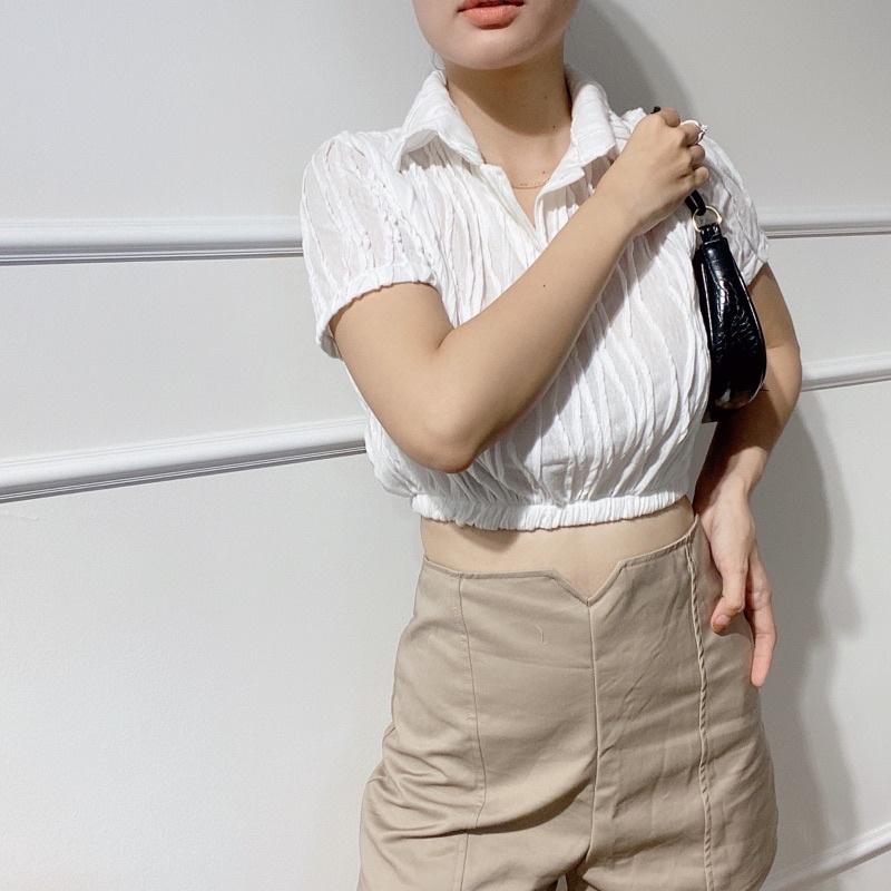 Áo thun lưới croptop xẻ trụ trắng đen- AUDREY STUDIO