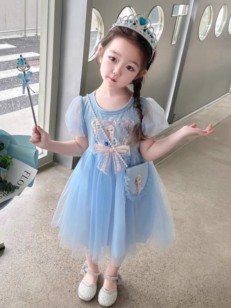 Váy công chúa bé gái cộc tay tặng túi, Đầm dự tiệc cho bé 1-6 tuổi hình Elsa kuromi lấp lánh vải ren điệu đà đáng yêu