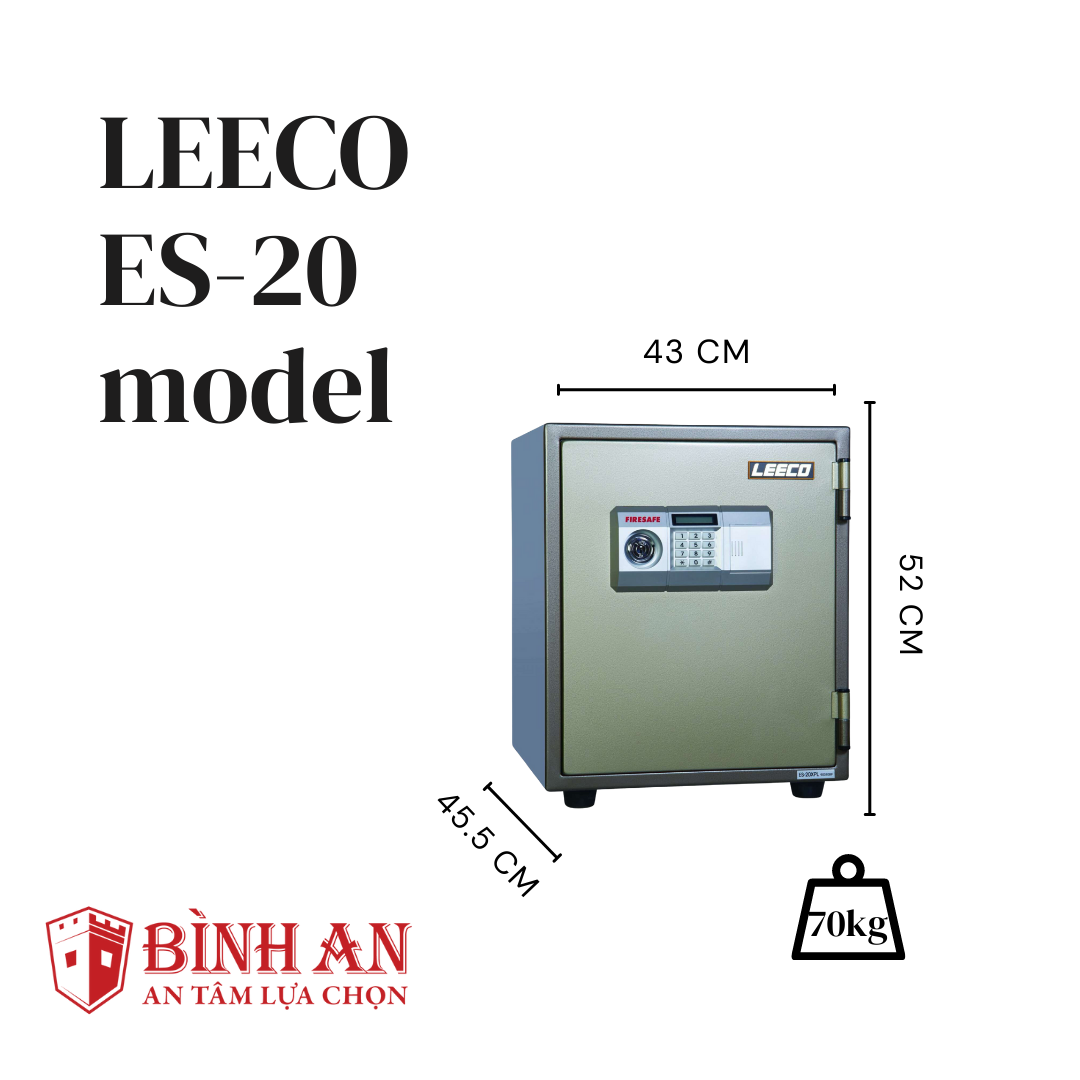 Két sắt Thái Lan LEECO ES-20 Nặng 70kg, Cao 52cm, Dạng Đứng, Chịu Nhiệt Độ 1050 Độ C Trong 120 Phút, Chống Trộm Cao Cấp - Hàng Chính Hãng