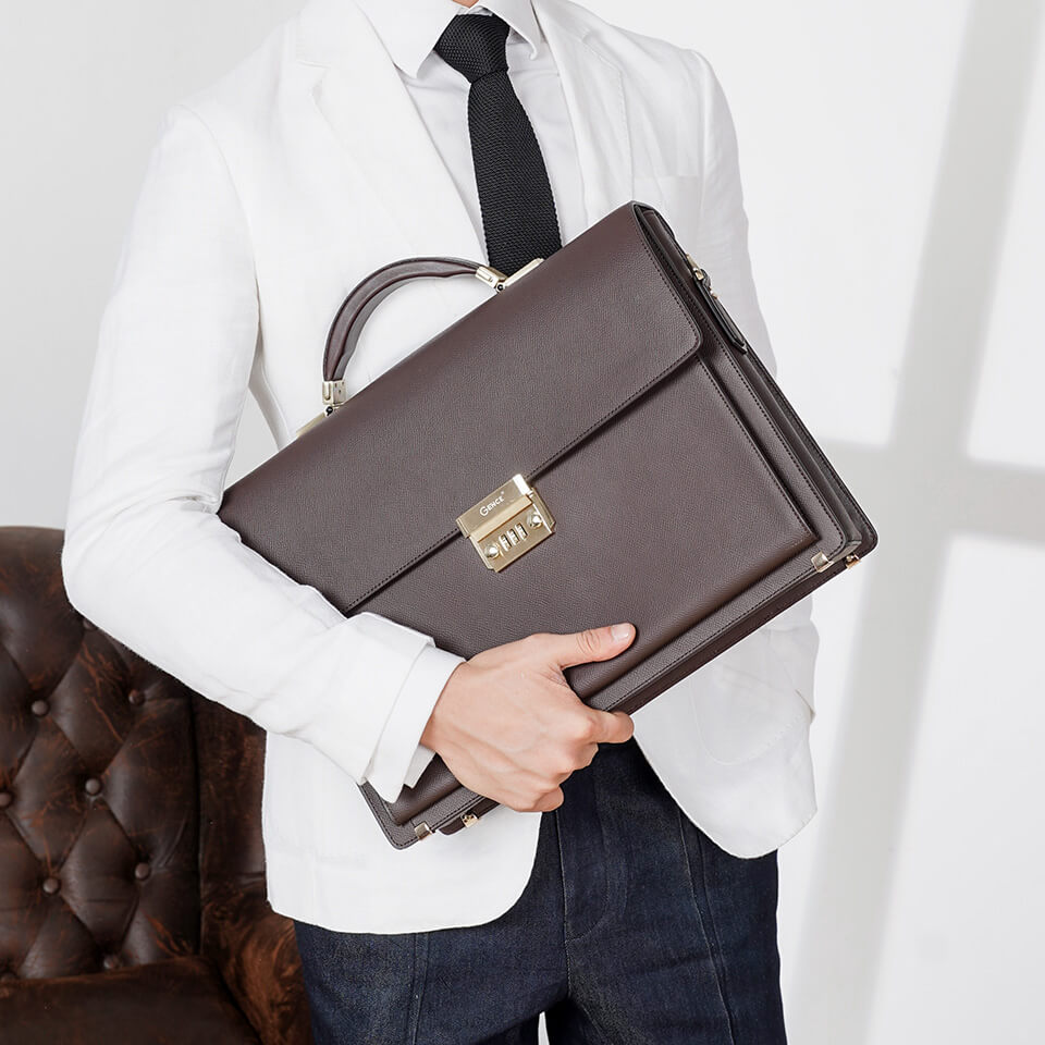 Túi Xách Công Sở Cặp Da Nam Dáng Hộp GENCE CTS16 Da Bò Khóa Số Cao Cấp Màu Nâu