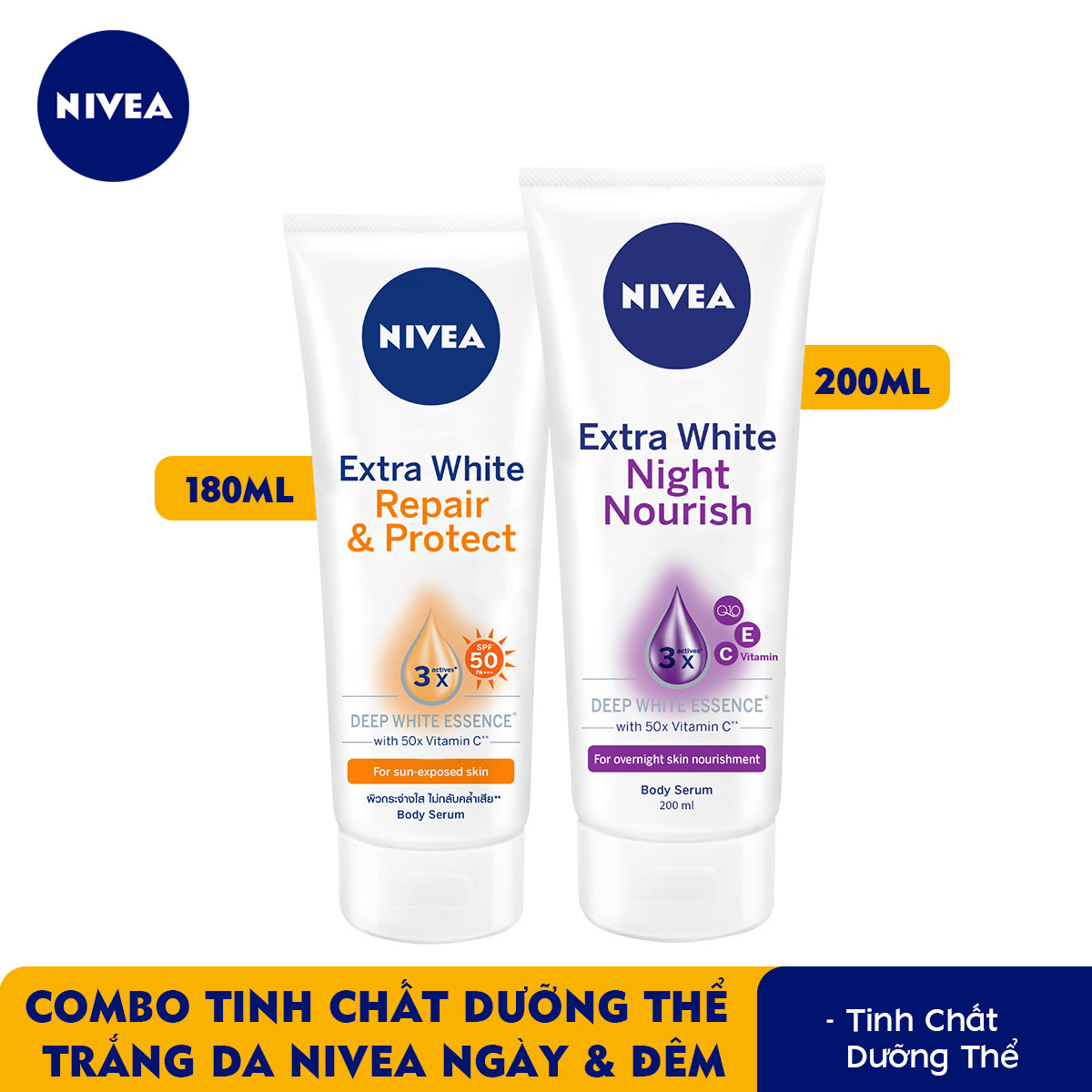 Combo Tinh chất dưỡng thể trắng da NIVEA ngày 180ml &amp; đêm 200ml (88314+89122)